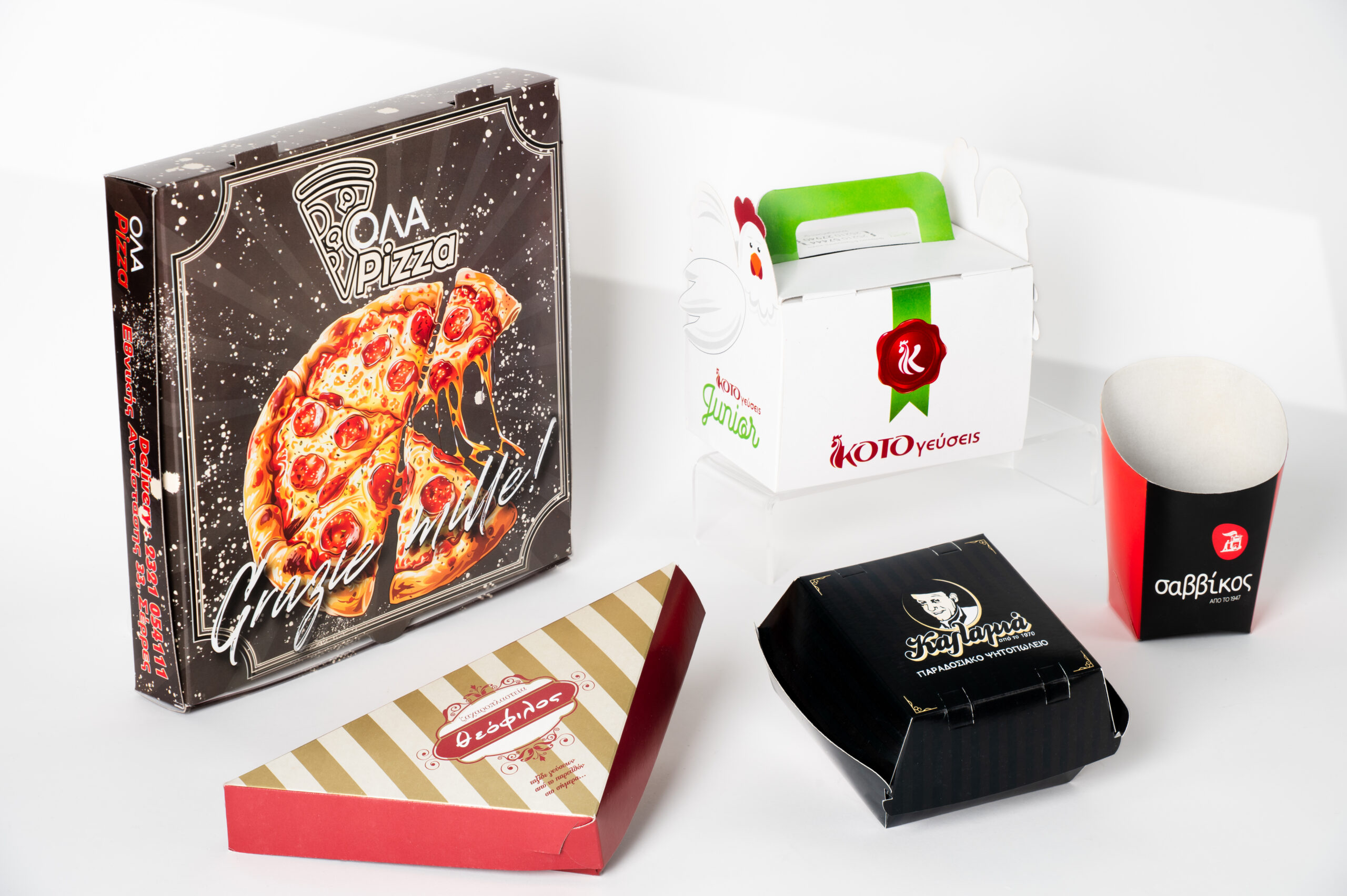 Various food boxes on a white background